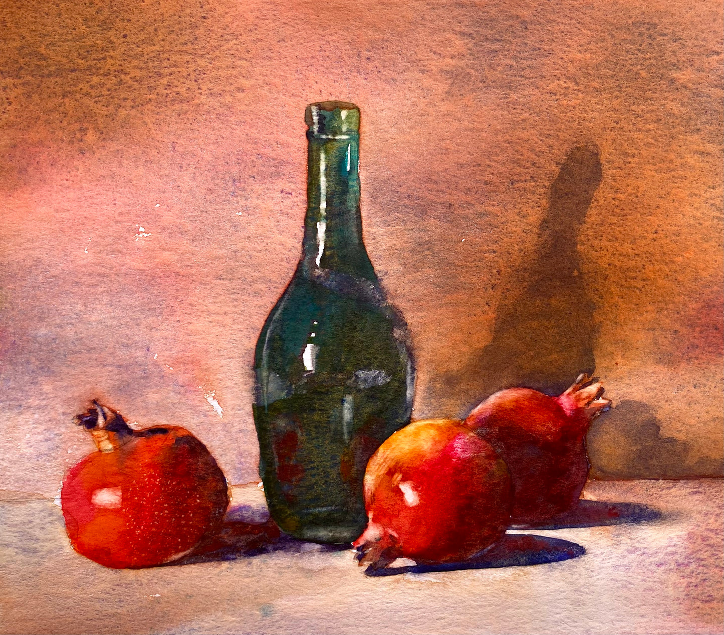 Granatäpfel und grüne Flasche (28x35cm)